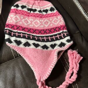 Pink and Black Knitted Hat with Earflaps